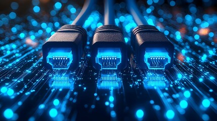Detailed close up of glowing RJ45 Ethernet cables placed over a futuristic digital background with abstract blue light trails