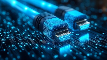 Illuminated RJ45 Ethernet cables glowing in a digital background of circuits and grids representing fast data transfer and advanced technology infrastructure