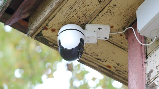 Security outdoor PTZ surveillance camera installed under the roof of the house. Pan tilt zoom camera provide HD view zoom and 360 rotation for full security coverage.