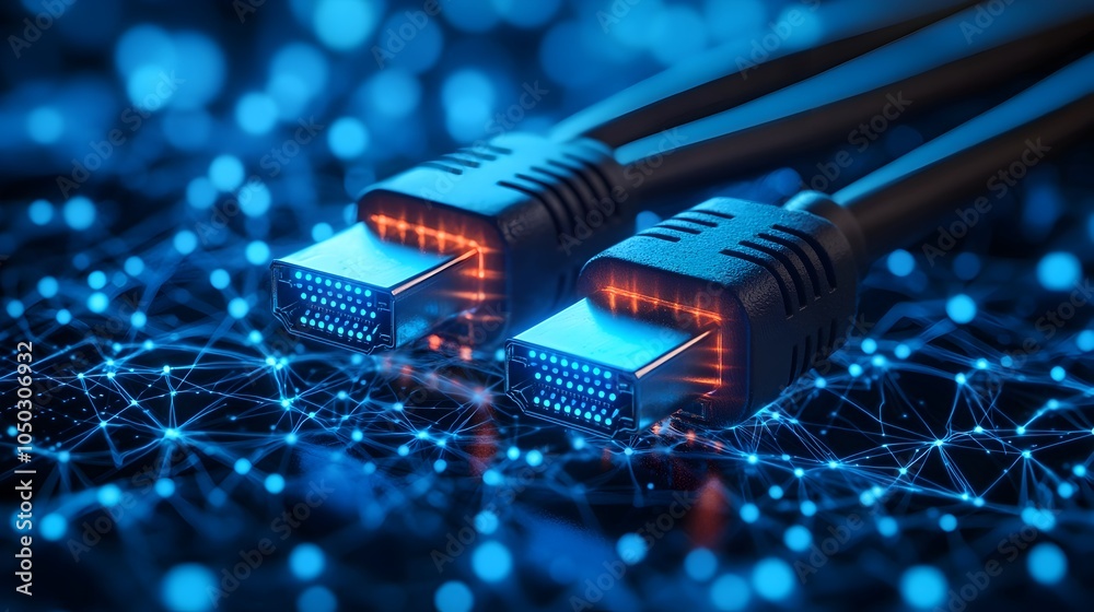 Poster Close up of Ethernet cables glowing with a blue hue set against a digital backdrop of abstract patterns and lines that represent the flow and transfer of data