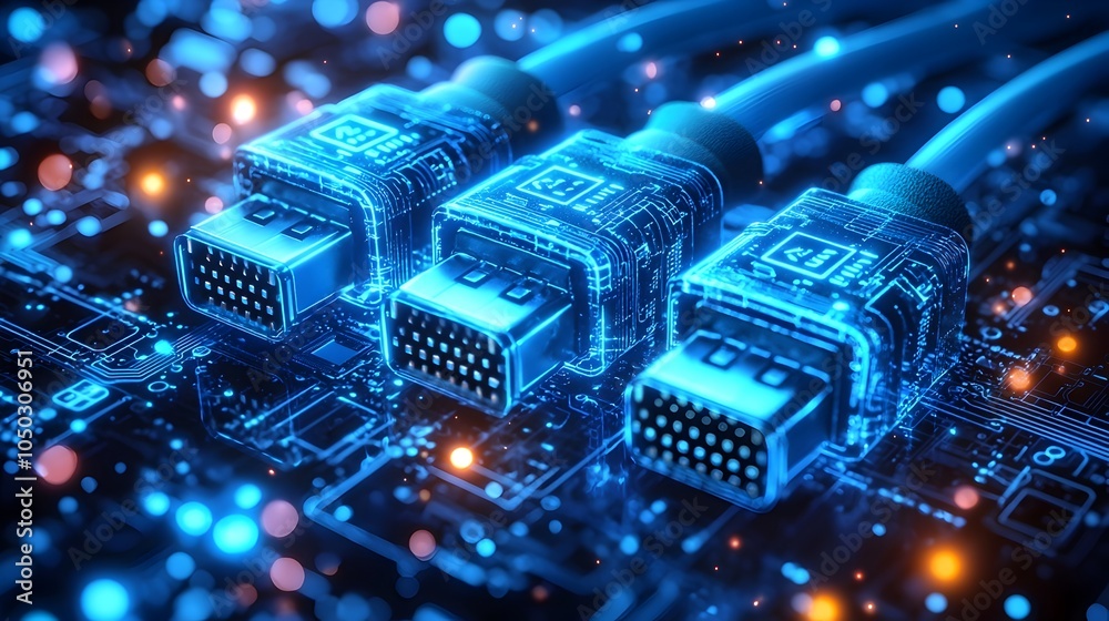 Poster Macro view of glowing blue RJ45 Ethernet connectors set against a dynamic digital background with swirling light effects and data symbols representing modern network technology and communication