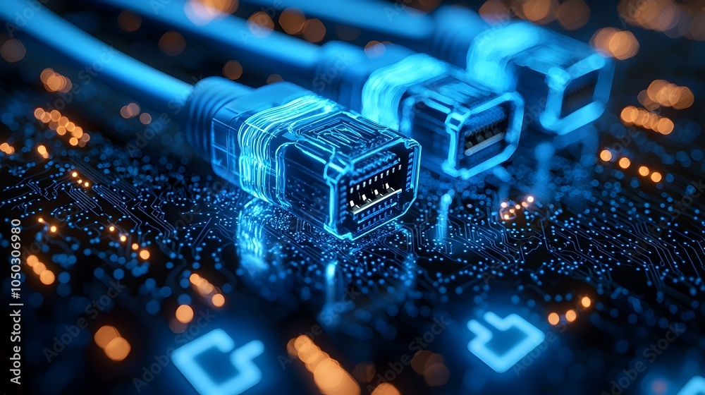 Poster Macro view of glowing blue RJ45 Ethernet connectors against a dynamic digital background with swirling light effects and data symbols  Futuristic