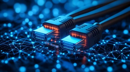 Close up of Ethernet cables glowing with a blue hue set against a digital backdrop of abstract patterns and lines that represent the flow and transfer of data