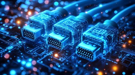 Macro view of glowing blue RJ45 Ethernet connectors set against a dynamic digital background with swirling light effects and data symbols representing modern network technology and communication