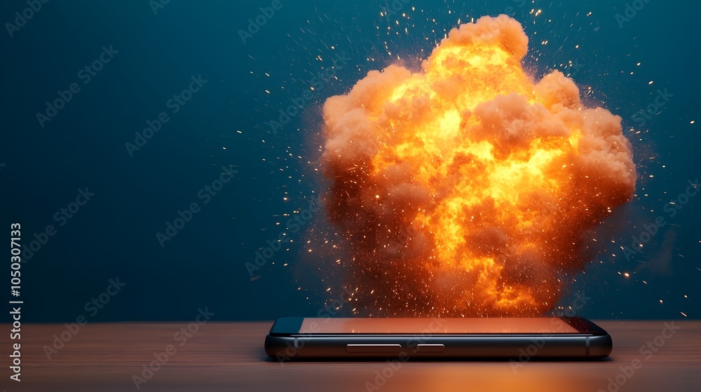 Poster dramatic close up capture of a fiery smartphone explosion with scattering sparks and rising flames o