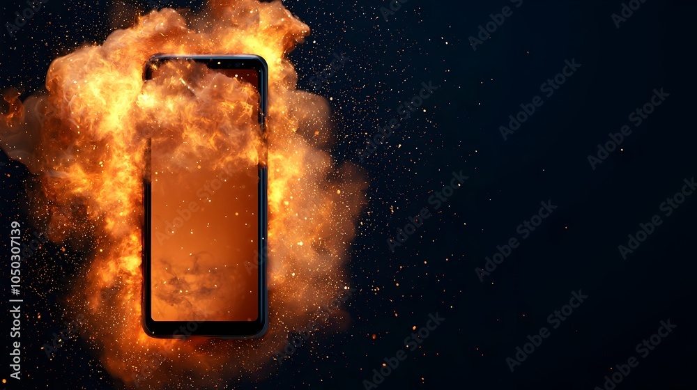 Fototapete Close up view of a smartphone device bursting into flames with sparks flying and a dynamic digital background filled with vibrant light effects creating a sense of energy and technology hazard
