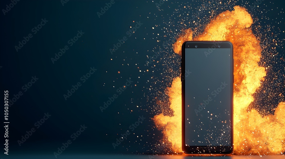 Poster Close up view of a smartphone bursting into flames with sparks flying and a dynamic digital background filled with mesmerizing light effects and a soft bokeh blur