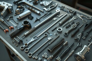 Fototapeta premium Many different tools are lying on a table, arranged neatly and illuminated with studio lighting