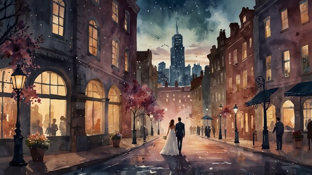 Wedding couple walking on the street, wedding invitation, aquarell