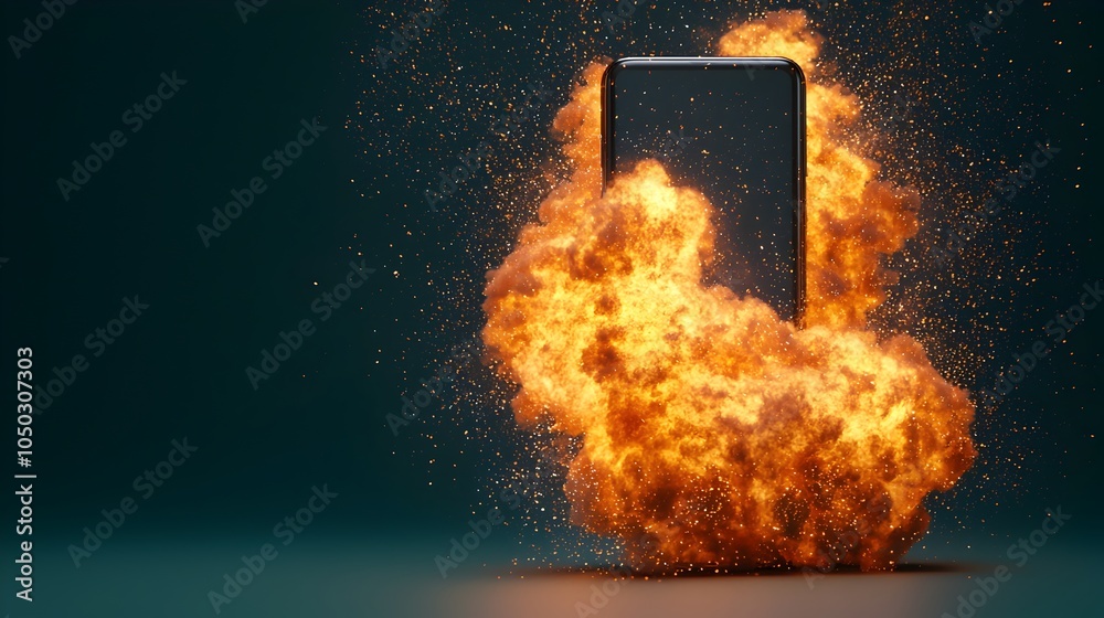 Poster Dramatic close up image showcasing a fiery burst erupting from a smartphone with vibrant sparks and flames exploding outward against a dynamic tech inspired background with dreamy