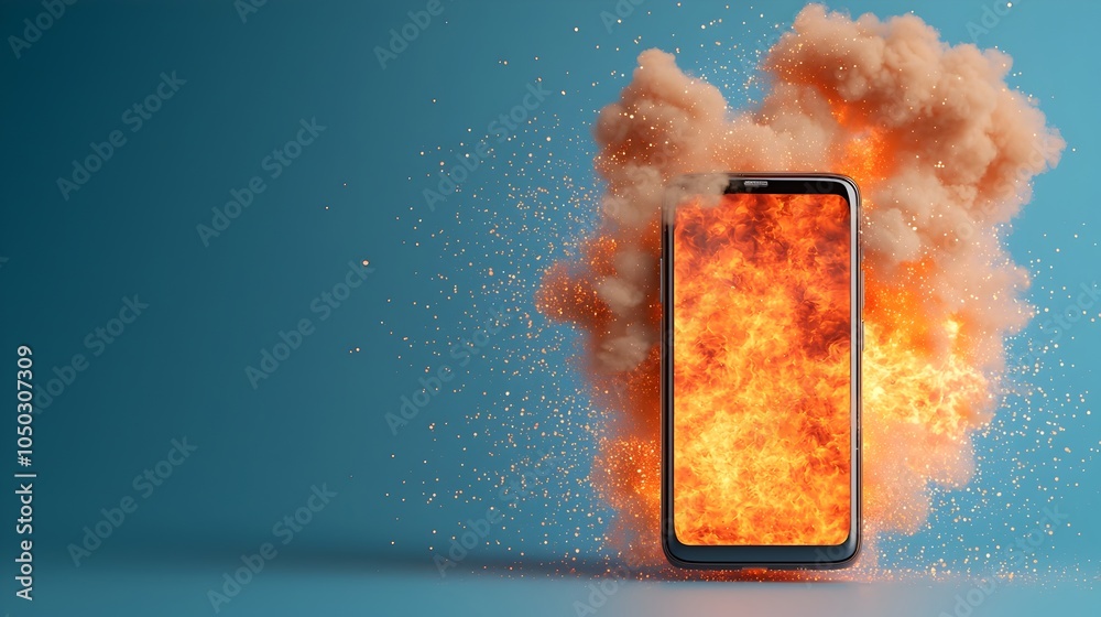 Aufkleber Dramatic fiery burst exploding outward from a smartphone with vibrant sparks and flames dancing against a dynamic tech inspired background filled with dreamy shimmering bokeh  A visually striking