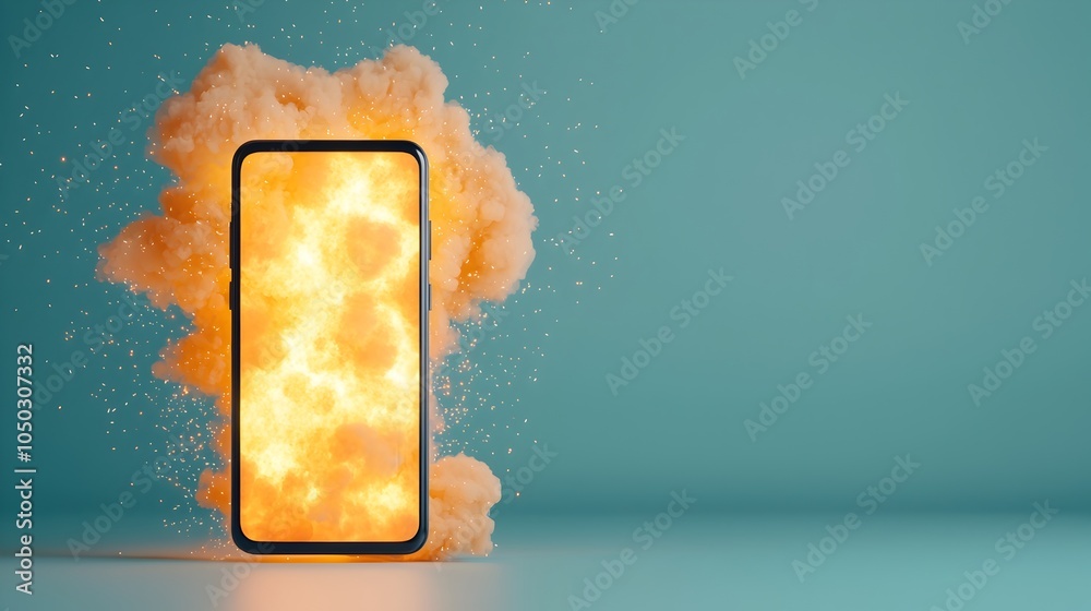 Poster Explosive digital smartphone malfunction with fiery burst close up flames and scattered sparks amidst a dreamy glowing digital backdrop