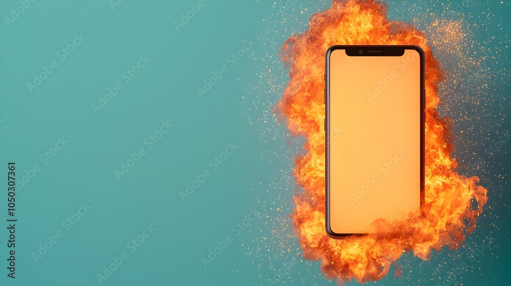 Poster Close up view of an exploding smartphone with a fiery burst and scattered sparks merging with a dreamy glowing digital backdrop in a blur of light and energy