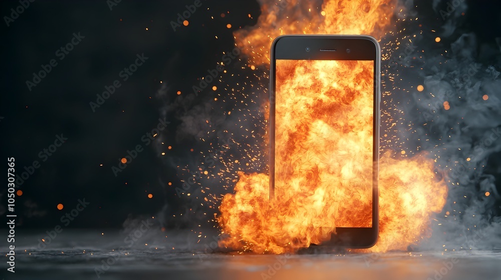 Poster Dramatic close up image of an exploding smartphone with a fiery burst of flames and scattered sparks merging with a glowing dreamy digital backdrop for a powerful futuristic effect