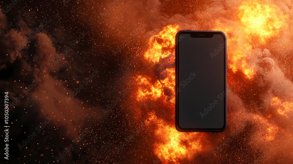 Poster A close up view of a dramatic smartphone explosion featuring a fiery burst and glowing sparks against a soft bokeh enhanced background with dynamic digital elements blending into the scene
