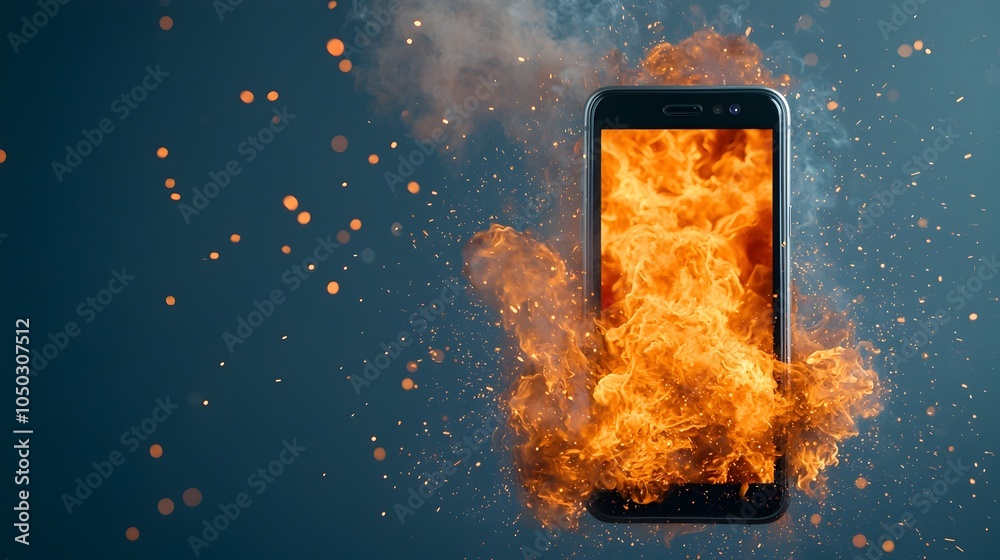 Poster Close up view of a smartphone breaking apart and bursting into intense digital flames with a dreamy bokeh filled background creating a dynamic and abstract visual effect