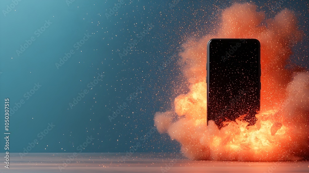 Poster Dramatic close up view of a smartphone exploding with a burst of intense flames fiery sparks and a dreamy blurred digital backdrop creating a powerful and unsettling visual effect