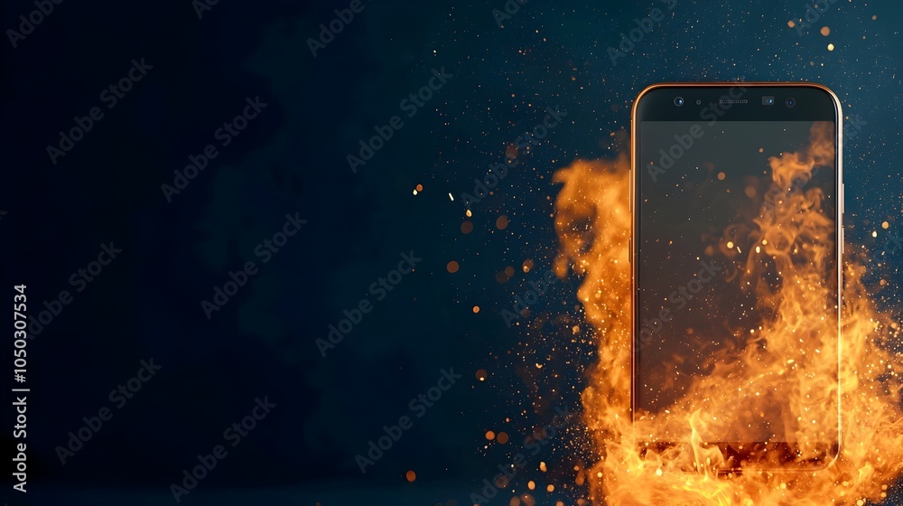 Poster Close up view of a smartphone engulfed in flames with an intense burst of fire and sparks erupting from the device against a fast paced blurred digital backdrop creating a dramatic and dynamic scene