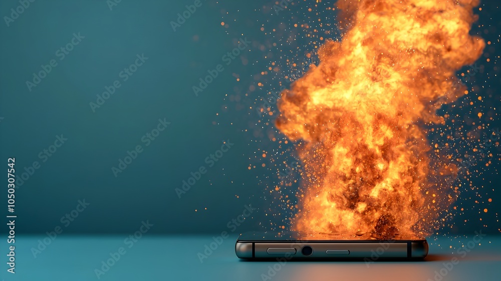 Leinwandbilder Close up view of a smartphone device breaking into intense flames and bursting with sparks set against a fast paced digital background with dreamy bokeh effect
