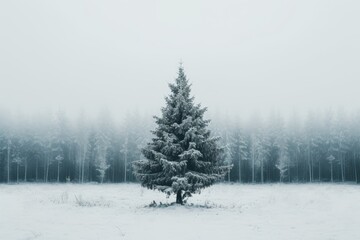 Fototapeta premium Stunning winter landscape featuring a snow capped pine tree amidst a vast natural panorama