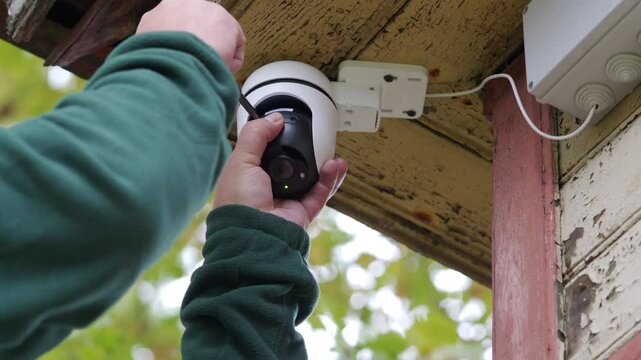 A man installs a security PTZ surveillance camera under the roof of a house
