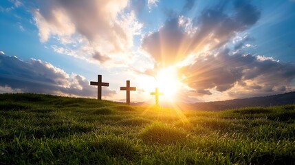 Dramatic silhouetted crosses stand out against a glowing fiery sunset sky as powerful rays of light burst through the clouds creating a captivating and spiritual scene that evokes a sense of awe