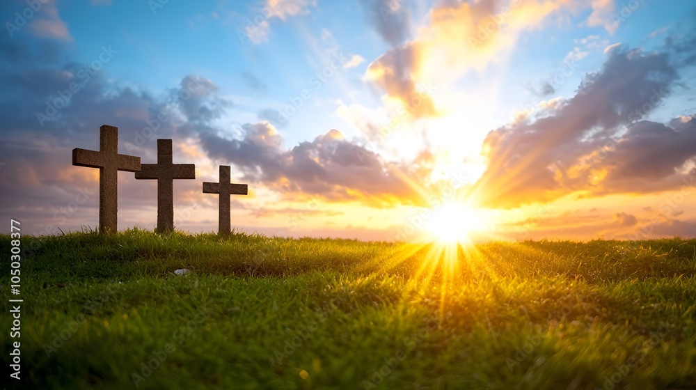 Aufkleber dramatic sunset scene with silhouetted crosses against a glowing sky powerful rays of light burst th