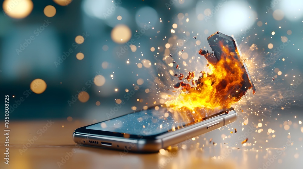 Poster Close up view of a smartphone device breaking apart amidst an intense burst of digital flames glowing sparks and a dreamy overlaying bokeh effect creating a dynamic and surreal scene