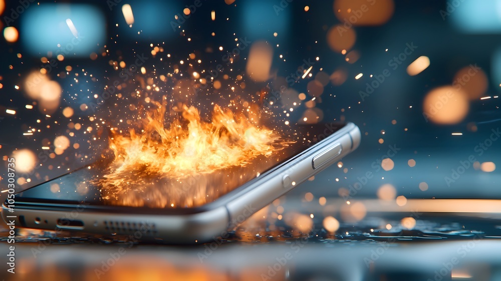 Aufkleber Intense close up of a smartphone bursting into flames with fiery sparks and a dreamy blurred digital backdrop conveying a sense of high energy technology and danger