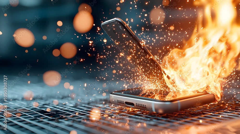 Aufkleber dramatic smartphone combustion scene with intense flames glowing sparks and a dreamy digital in the 