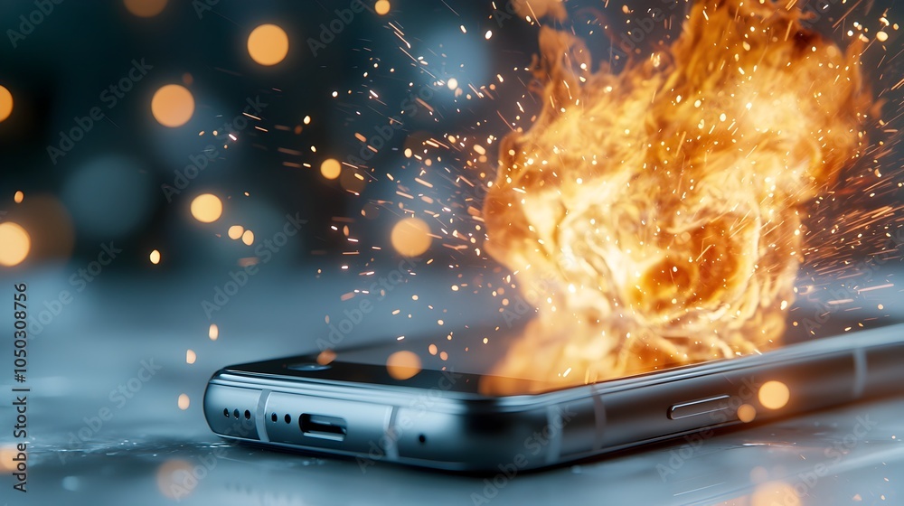 Aufkleber Close up of a smartphone bursting into intense flames with bright sparks flying blending with a high energy digital backdrop featuring dreamy bokeh effects and vivid colors