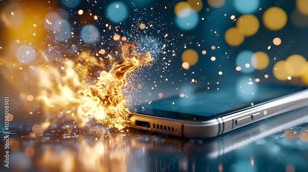 Leinwandbilder Close up view of a smartphone device bursting into flames with vibrant digital backdrop and scattering sparks creating a dramatic energetic and chaotic visual scene