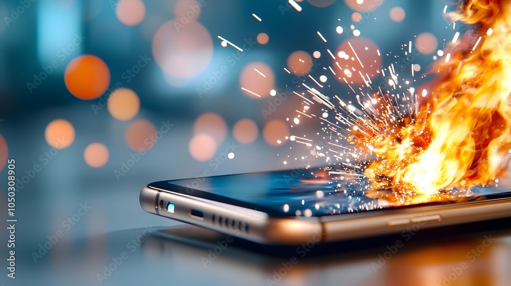 Poster close up view of a smartphone device breaking apart and becoming engulfed in dramatic digital flames
