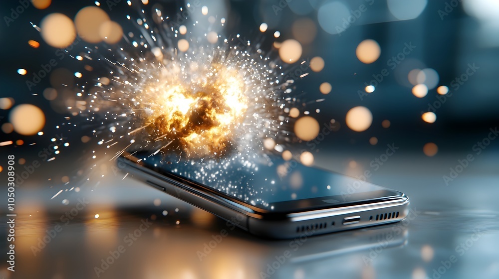 Aufkleber Dramatic fiery explosion of a smartphone with bursting sparks and flames set against a fast paced blurred digital technology backdrop with glowing bokeh lights