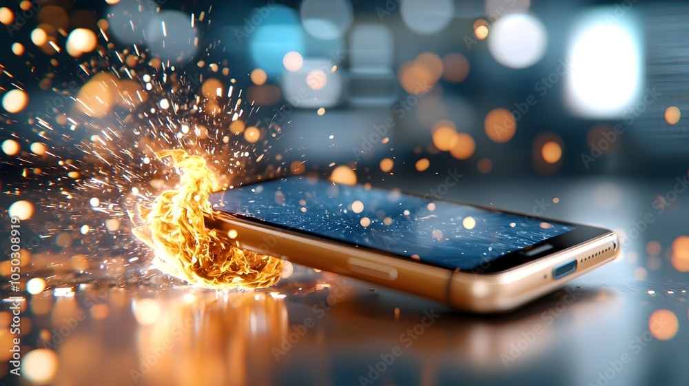 Poster close up of a smartphone breaking into vibrant digital flames with sparks scattering in the air and 