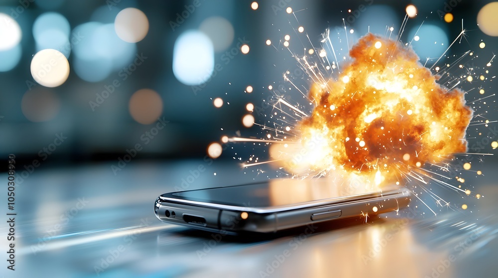 Aufkleber fiery smartphone explosion with bursting sparks and erupting flames against a fast paced digital bac
