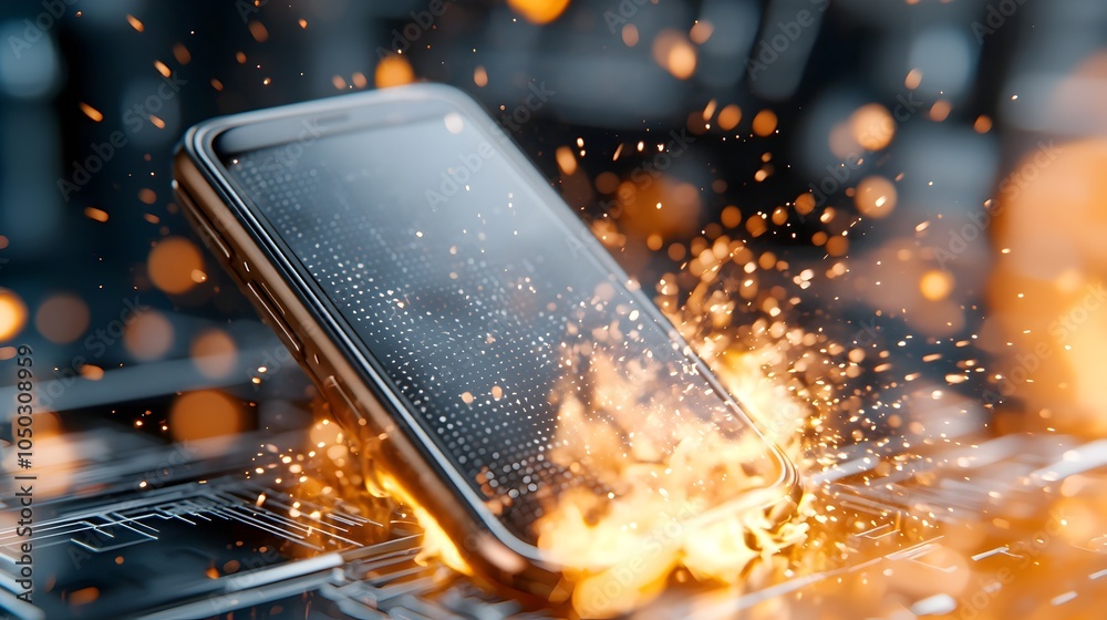 Poster Smartphone device consumed by intense flames and dramatic sparks merging with a high tech digital background filled with dynamic motion and energy