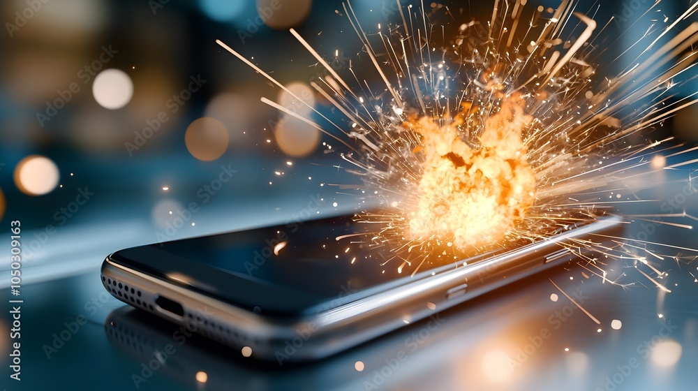 Aufkleber Close up view of a smartphone engulfed in a fiery explosion with sparks shooting out and blending into a dreamlike fast moving digital backdrop full of abstract visual elements