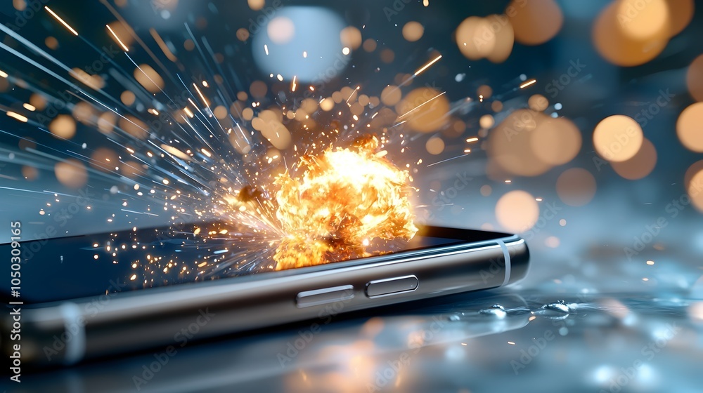 Poster Dramatic close up of a smartphone in flames with sparks shooting out and a dreamy fast moving digital backdrop blending with the explosive elements