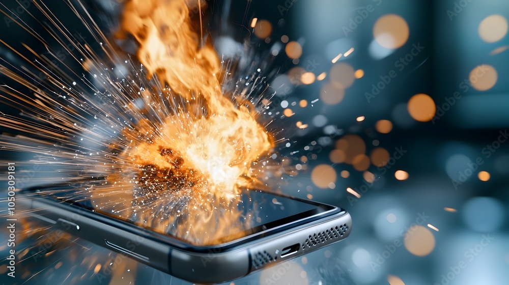 Aufkleber dramatic close up view of a smartphone device engulfed in intense flames with sparks shooting out bl