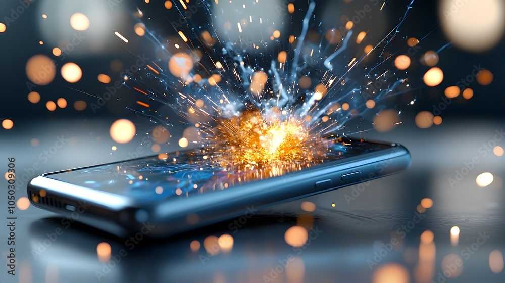 Aufkleber fiery and dramatic close up explosion of a smartphone device with glowing sparks and flames flying t