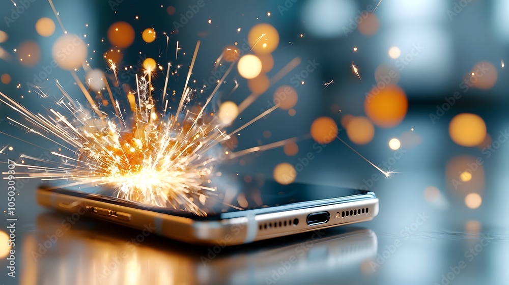 Poster Dramatic close up of a fiery explosion engulfing a smartphone with glowing sparks flying through the air and a dreamy blurred digital landscape in the background