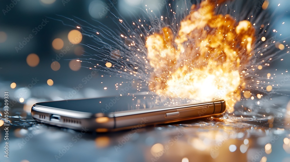 Fototapete explosive smartphone malfunction with sparks flying and dreamy motion filled digital background crea