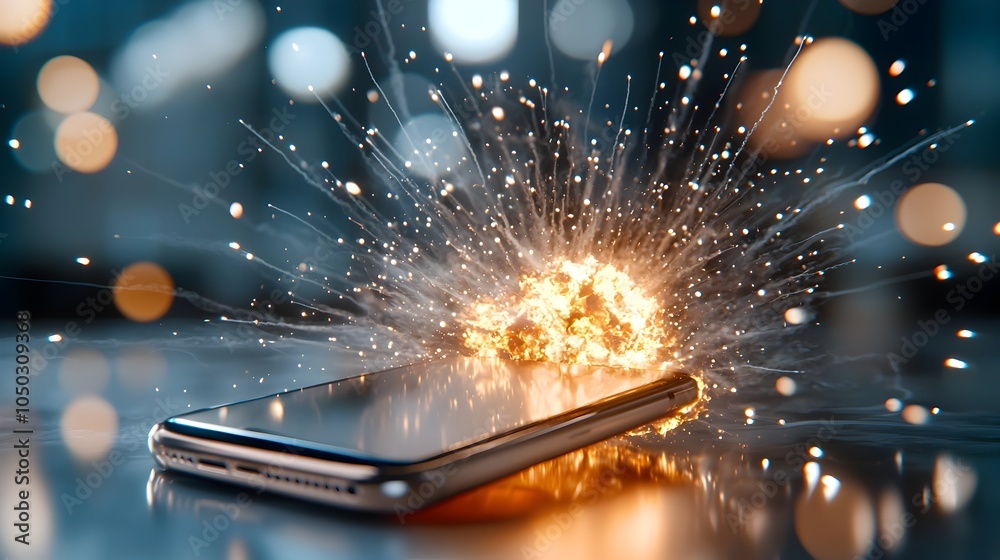 Leinwandbilder dramatic scene of a smartphone on fire with sparks flying and a motion filled dreamy digital backdro