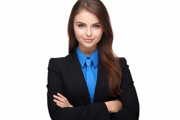 Confident businesswoman in suit with arms crossed, isolated on clean white background