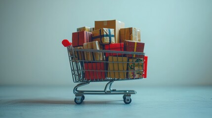 Shopping cart filled with various colorful packages against a plain background, symbolizing shopping, delivery, and consumer goods.