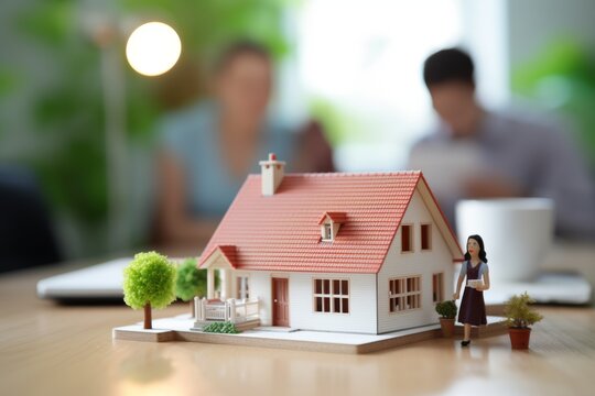 A key and a miniature toy house on a wooden table, surrounded by a cozy indoor setting with blurred figures in the background