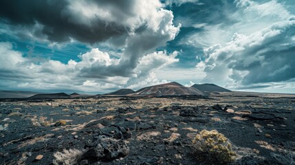 A dramatic view of the rugged volcanic landscape of Lanzarote with striking black lava fields and sparse vegetation under a cloudy sky, volcanic setting with stark contrasts, Lanzarote style