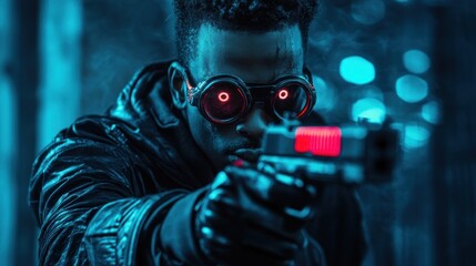 A figure in futuristic goggles points a gun, illuminated by neon lights in a dark setting.
