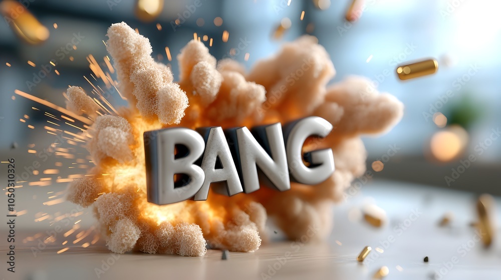 Poster powerful 3d text saying bang surrounded by a vibrant comic book style explosion with dynamic lines b